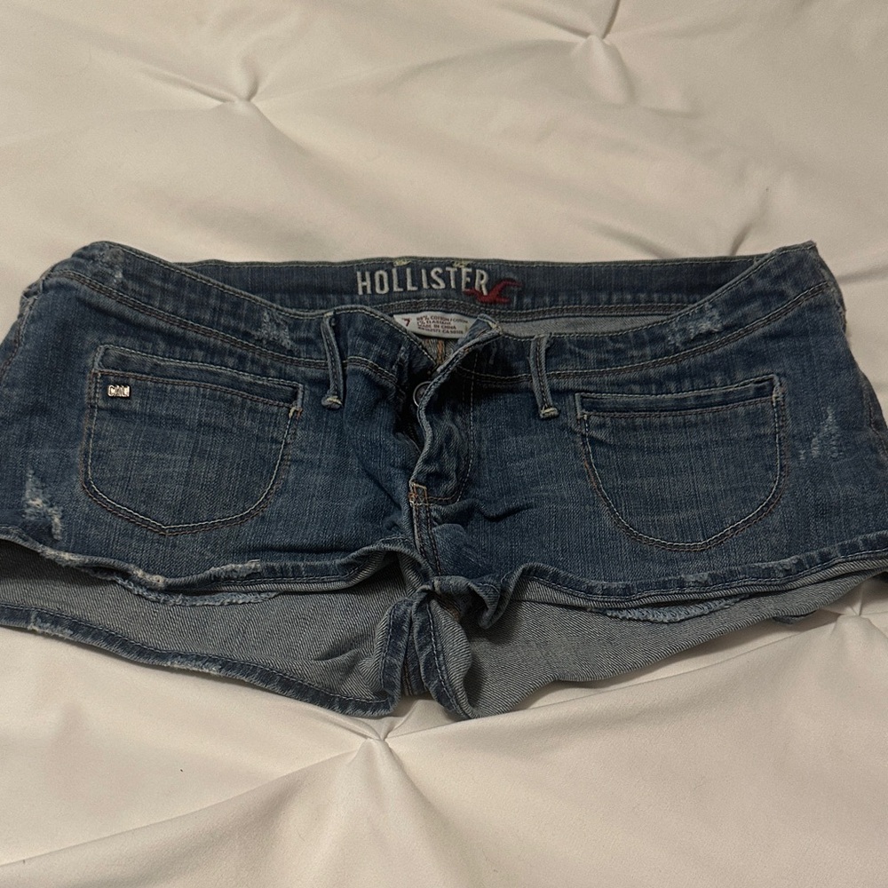 Hollister Women's Mid-Dark Blue Low-Rise Denim Cutoff Shorts